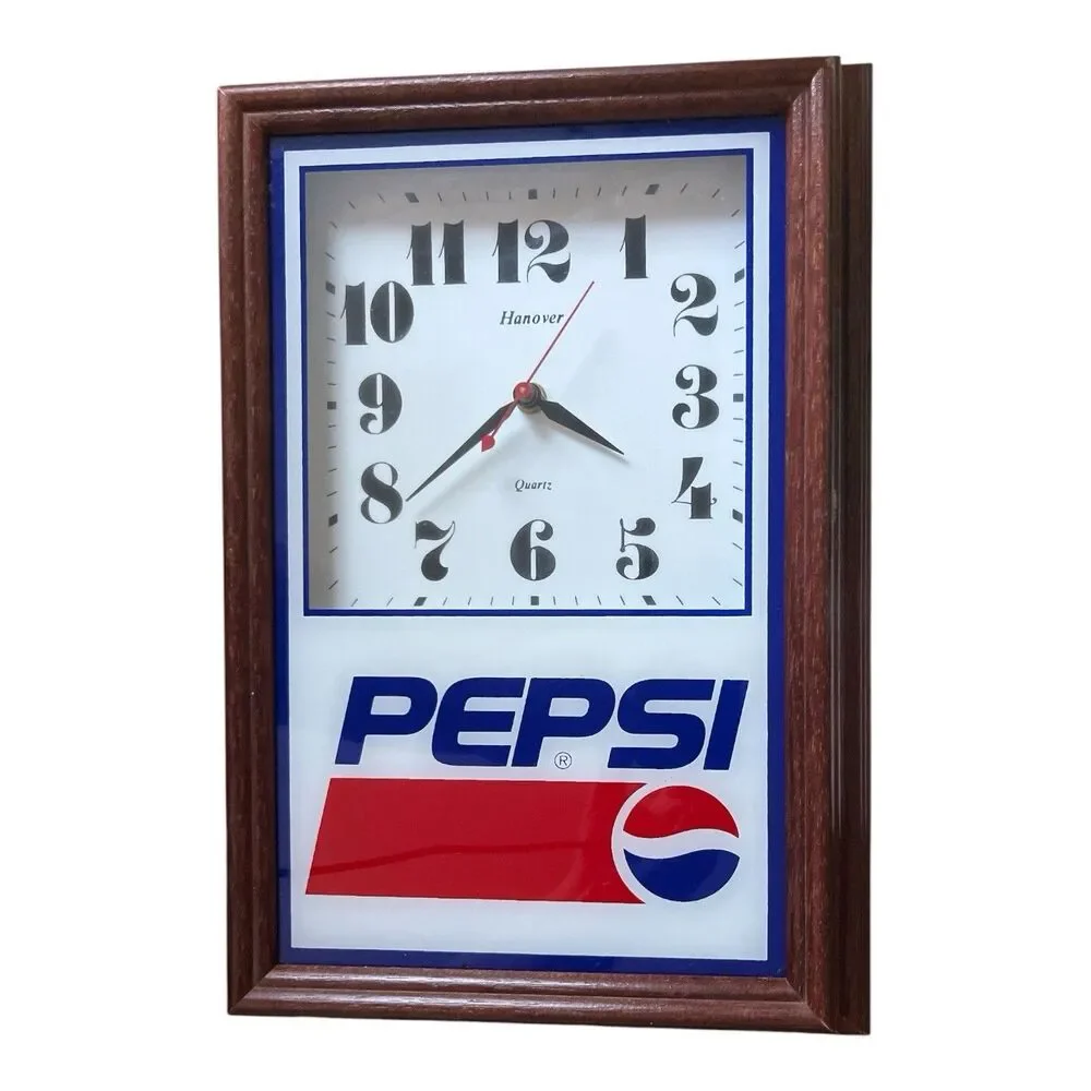 Vintage Pepsi Hanover Quartz Wall Clock Wood Frame Tested and Working 14.5 x 10